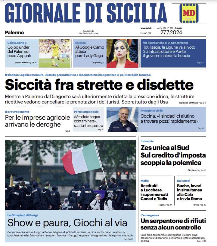 L'edizione odierna del Giornale di Sicilia si sofferma sulla siccità che sta colpendo l'isola.